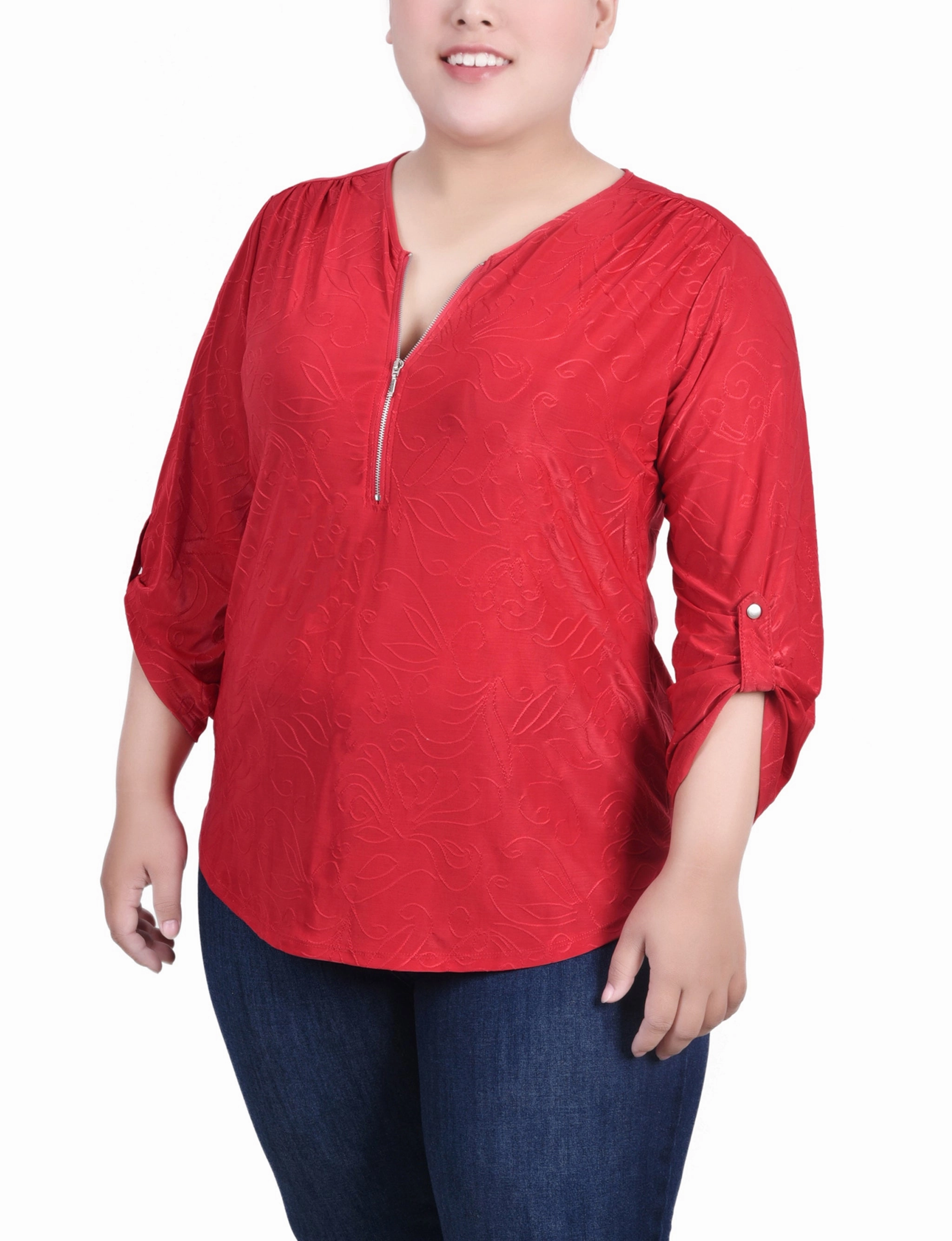 Plus Size 3/4 Roll Tab Zip Front Jacquard Knit Top MinimalistCut