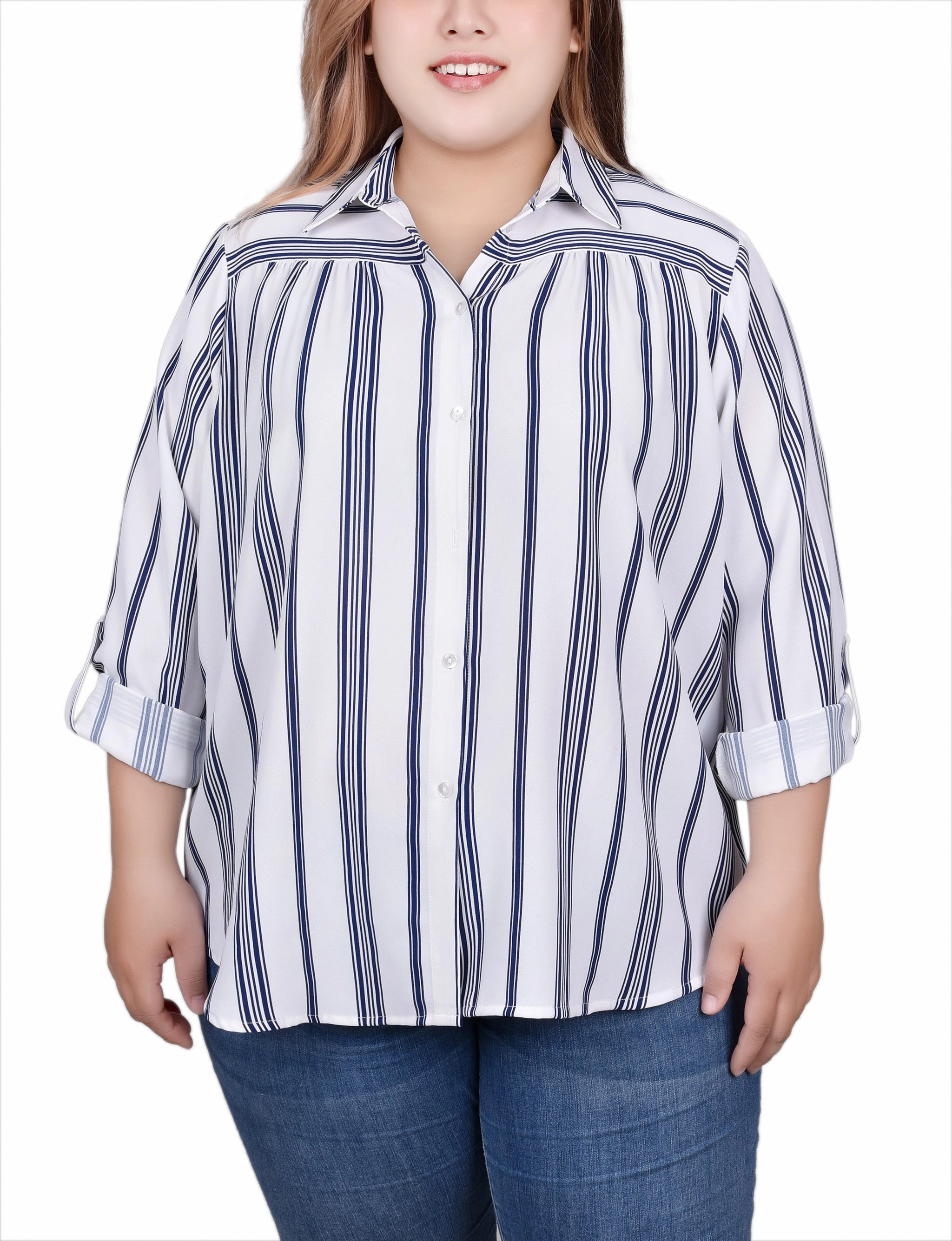FrayResistant Fabric Plus Size Long Roll Tab Sleeve Blouse