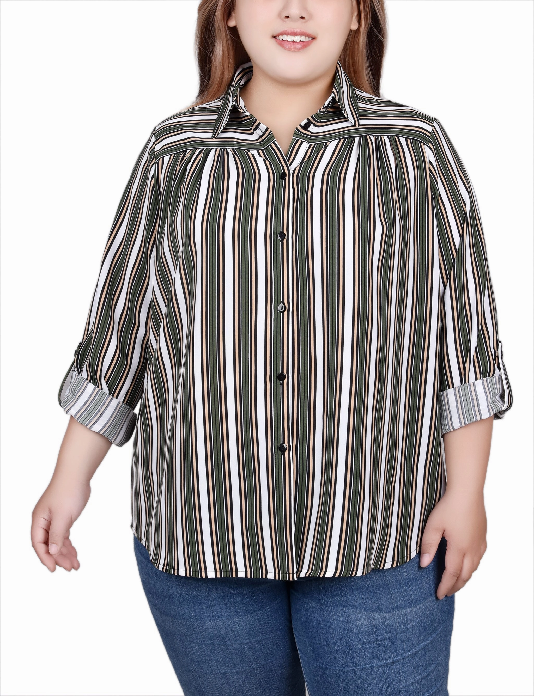 Wrinkle Resistant Finish Plus Size Long Roll Tab Sleeve Blouse