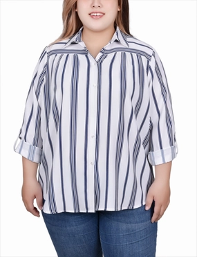 Plus Size Long Roll Tab Sleeve Blouse Foldable Cuff Design