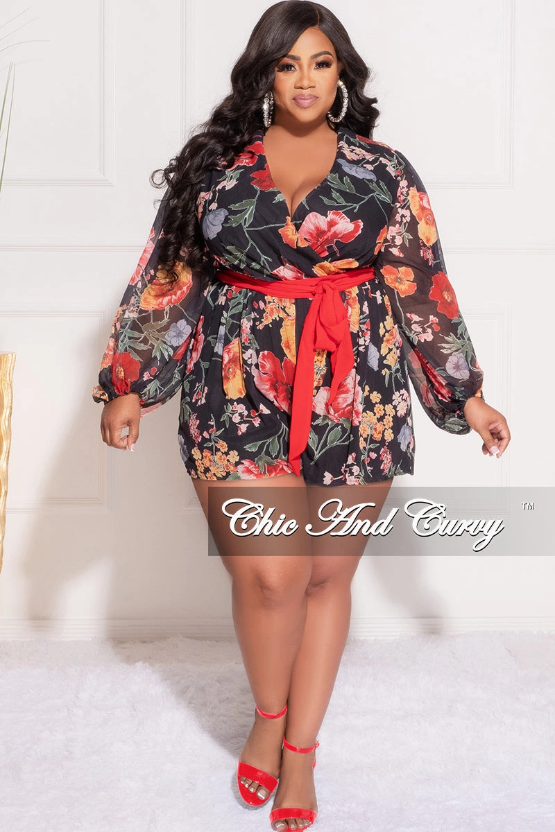 High Stretch Fit Classic Cut Final Sale Plus Size Faux Wrap Chiffon Romper in Black Multi Floral Print