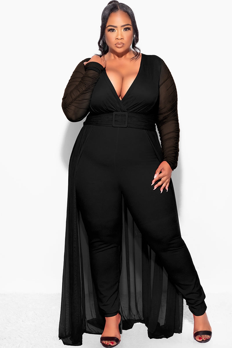 Polyester fabric Snug Fit Final Sale  Plus Size Mesh Ruched Sleeve Jumpsuit with Attached Long Skirt in Black