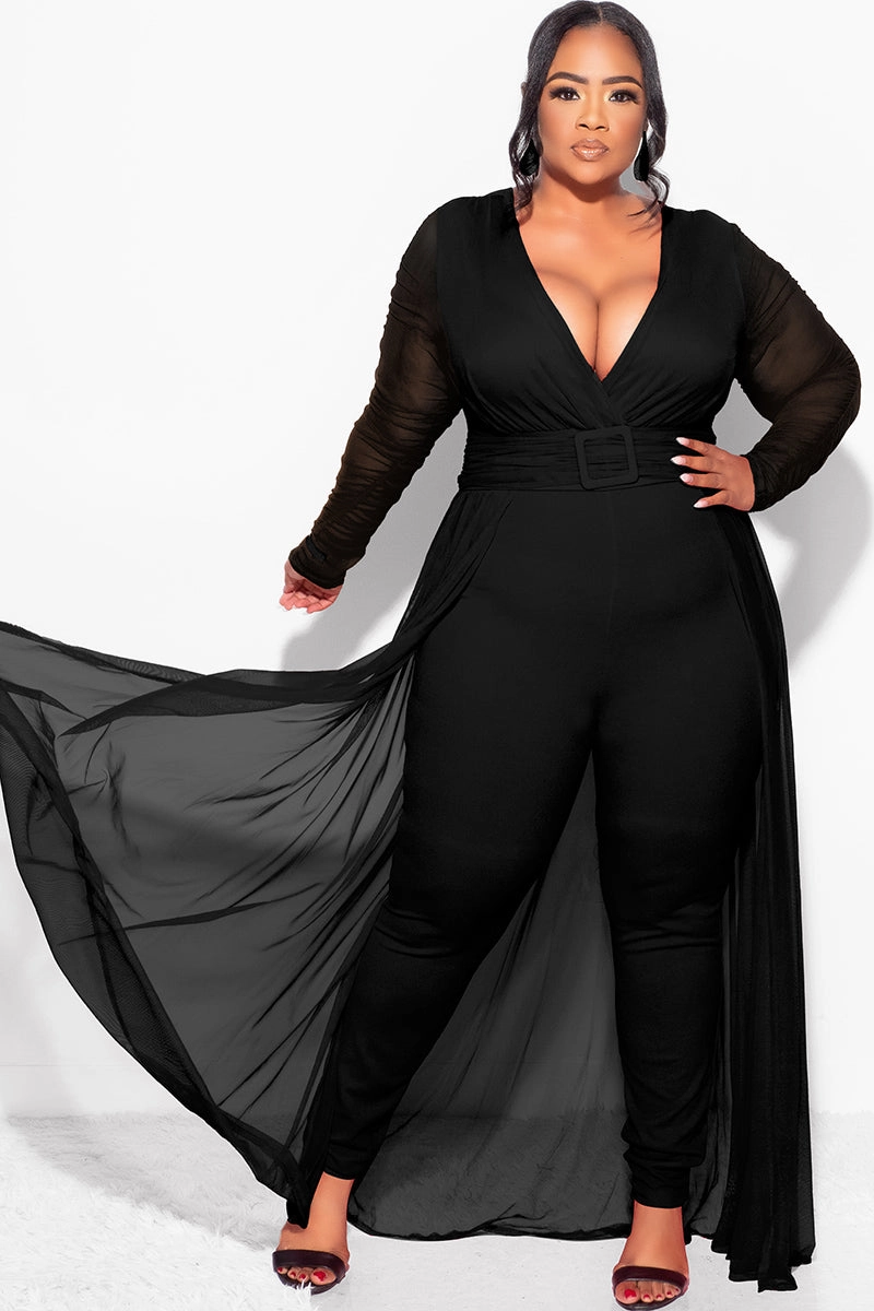 Go Anywhere Odor Resistant Treatment Final Sale  Plus Size Mesh Ruched Sleeve Jumpsuit with Attached Long Skirt in Black