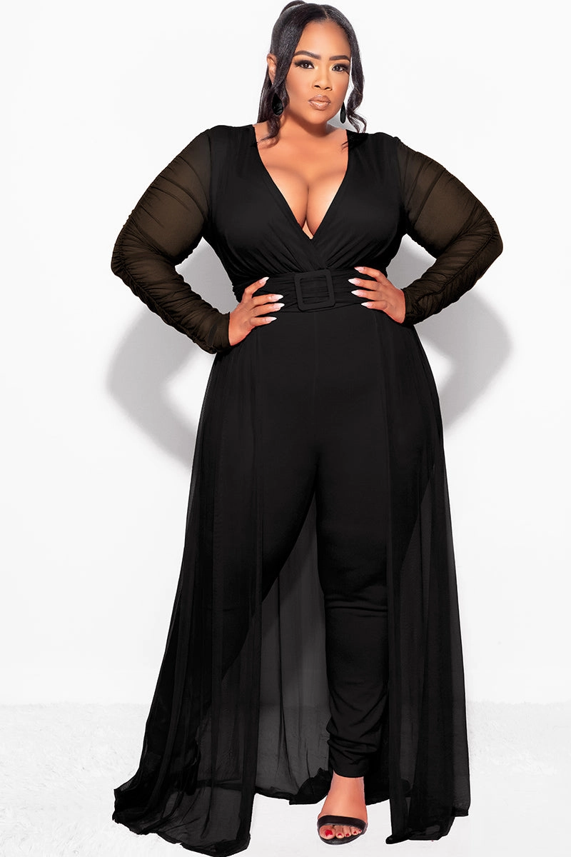 OdorResistant Street Utility Final Sale  Plus Size Mesh Ruched Sleeve Jumpsuit with Attached Long Skirt in Black