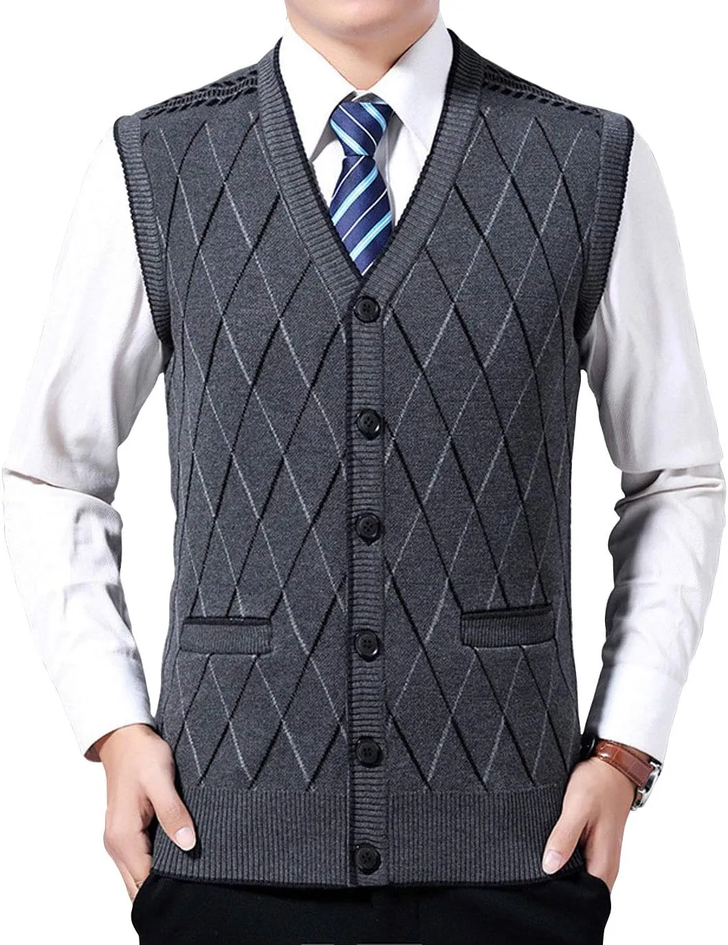 ebossy Men's Argyle Jacquard Button Front V-Neck Knit Sweater Vest Waistcoat with Pocket
