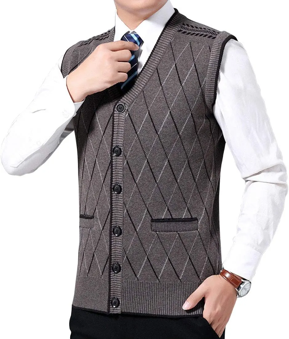 ebossy Men's Argyle Jacquard Button Front V-Neck Knit Sweater Vest Waistcoat with Pocket