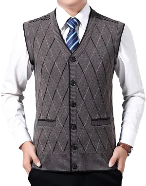 ebossy Men's Argyle Jacquard Button Front V-Neck Knit Sweater Vest Waistcoat with Pocket