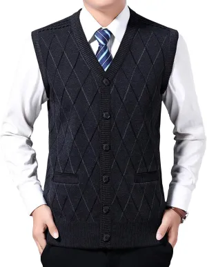 ebossy Men's Argyle Jacquard Button Front V-Neck Knit Sweater Vest Waistcoat with Pocket