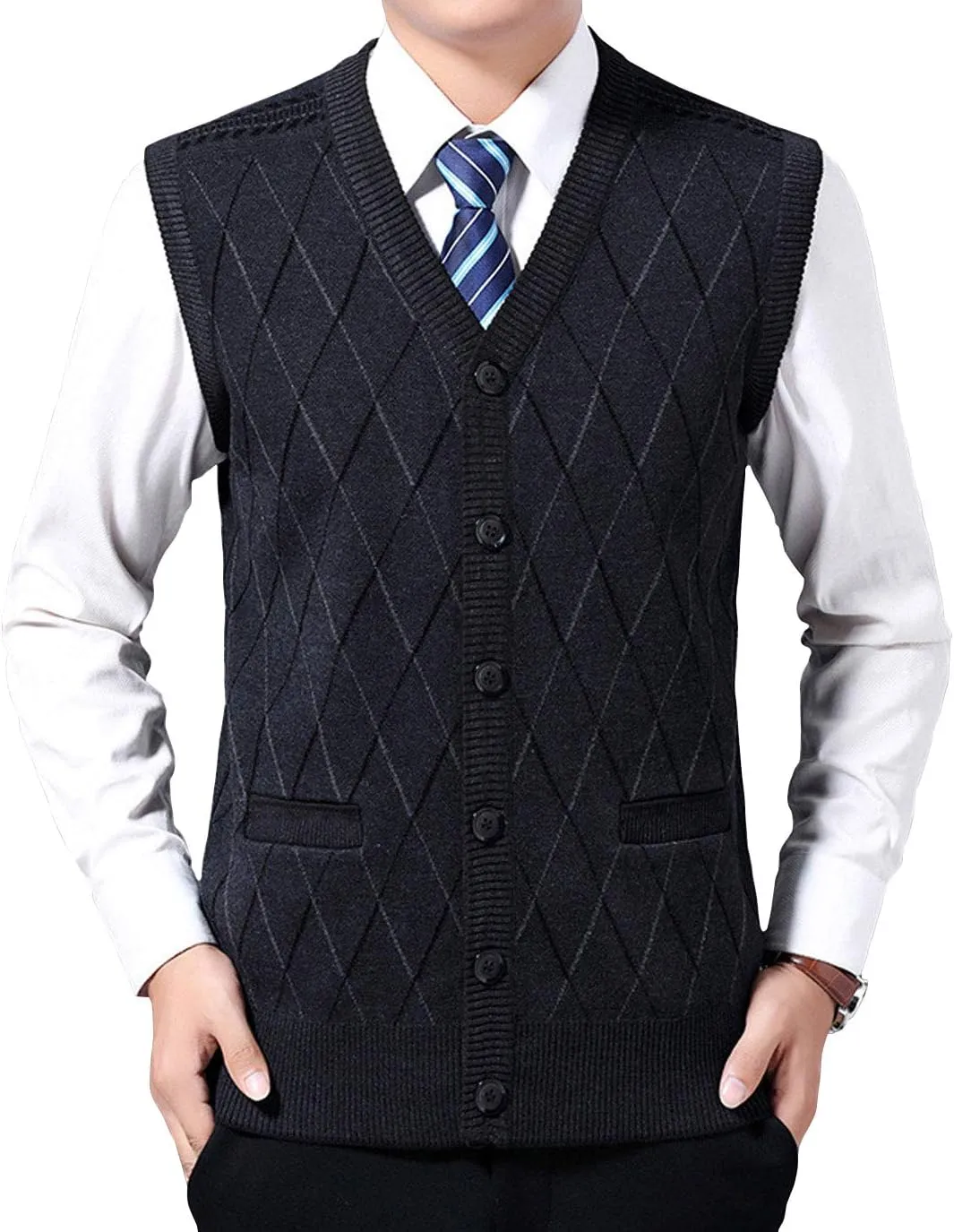ebossy Men's Argyle Jacquard Button Front V-Neck Knit Sweater Vest Waistcoat with Pocket