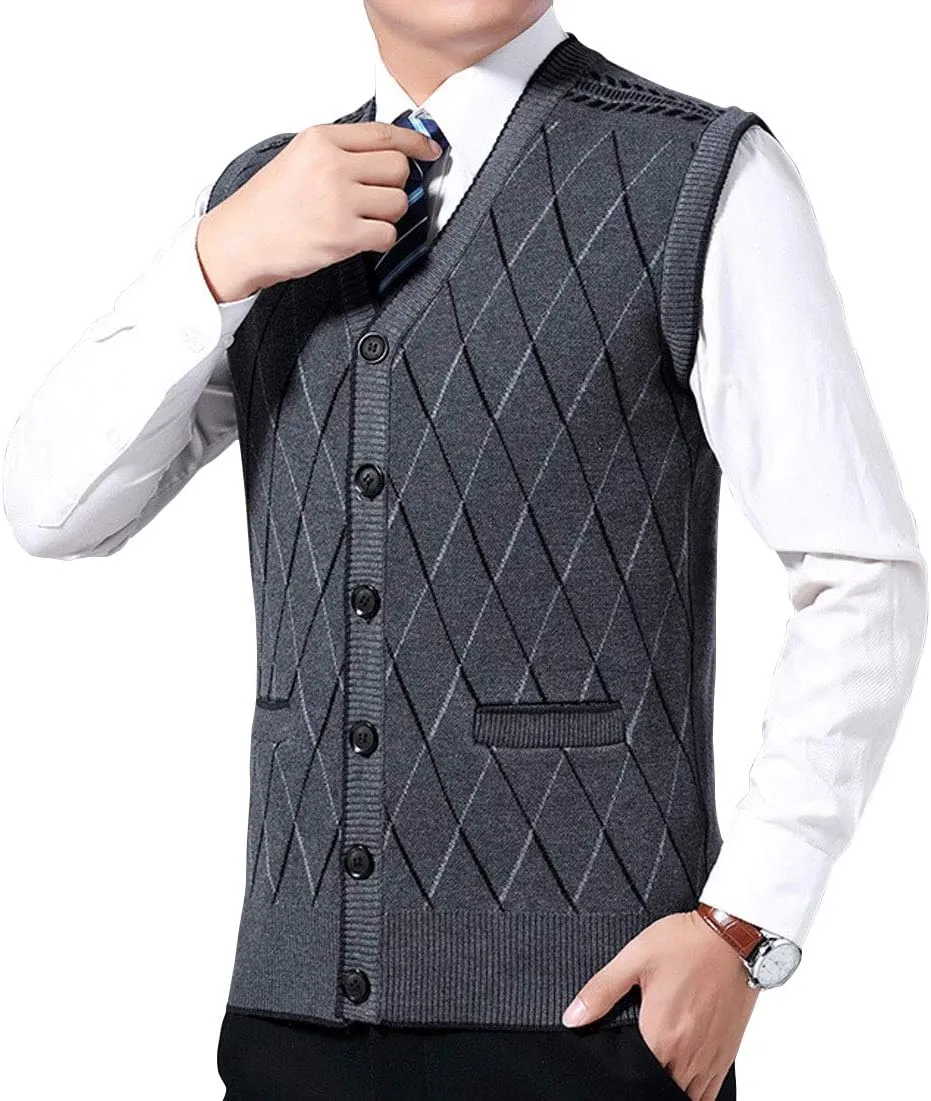 ebossy Men's Argyle Jacquard Button Front V-Neck Knit Sweater Vest Waistcoat with Pocket