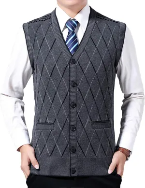ebossy Men's Argyle Jacquard Button Front V-Neck Knit Sweater Vest Waistcoat with Pocket