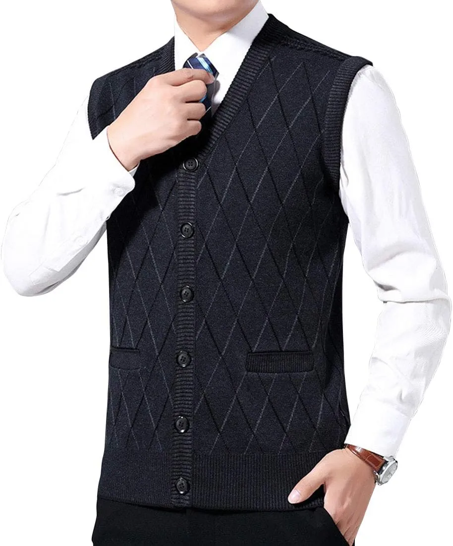 ebossy Men's Argyle Jacquard Button Front V-Neck Knit Sweater Vest Waistcoat with Pocket