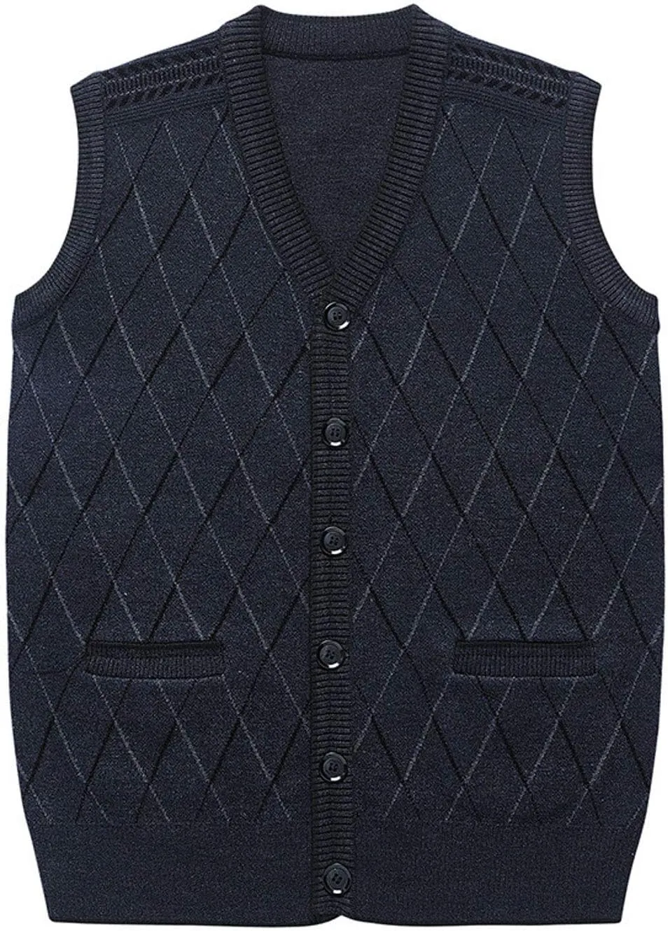 ebossy Men's Argyle Jacquard Button Front V-Neck Knit Sweater Vest Waistcoat with Pocket