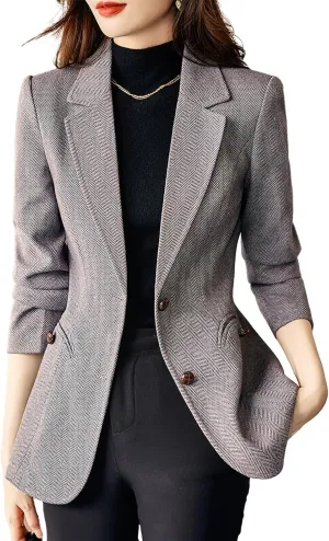 ebossy Women's Notched Lapel Plaid Herringbone Blazer Jacket Classic Single Breasted Slim Wool Blend Coat