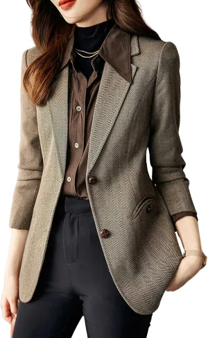 ebossy Women's Notched Lapel Plaid Herringbone Blazer Jacket Classic Single Breasted Slim Wool Blend Coat