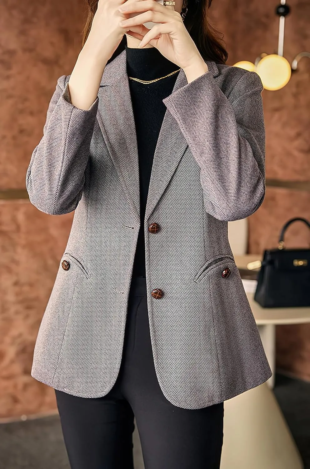 ebossy Women's Notched Lapel Plaid Herringbone Blazer Jacket Classic Single Breasted Slim Wool Blend Coat