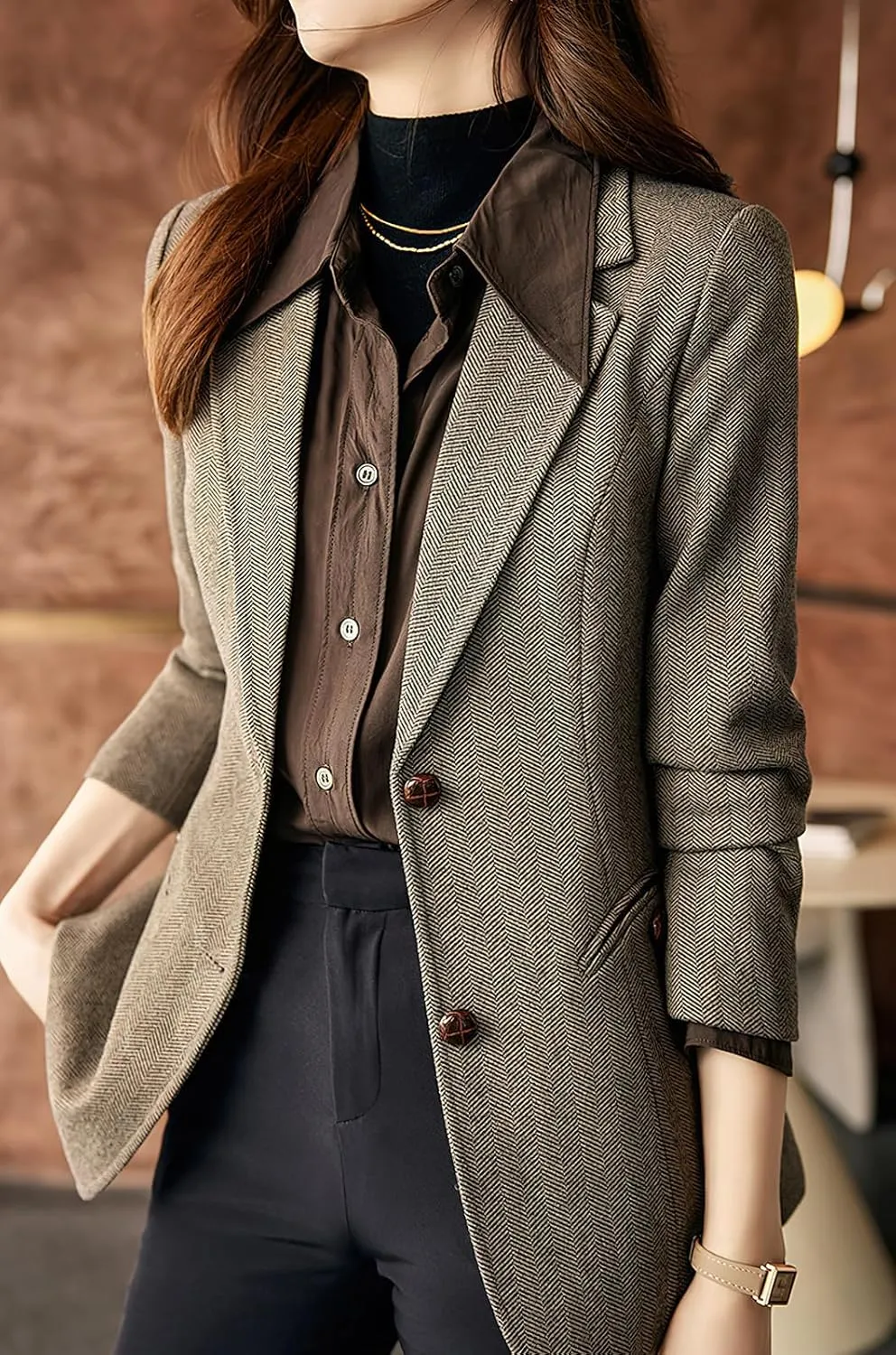 ebossy Women's Notched Lapel Plaid Herringbone Blazer Jacket Classic Single Breasted Slim Wool Blend Coat