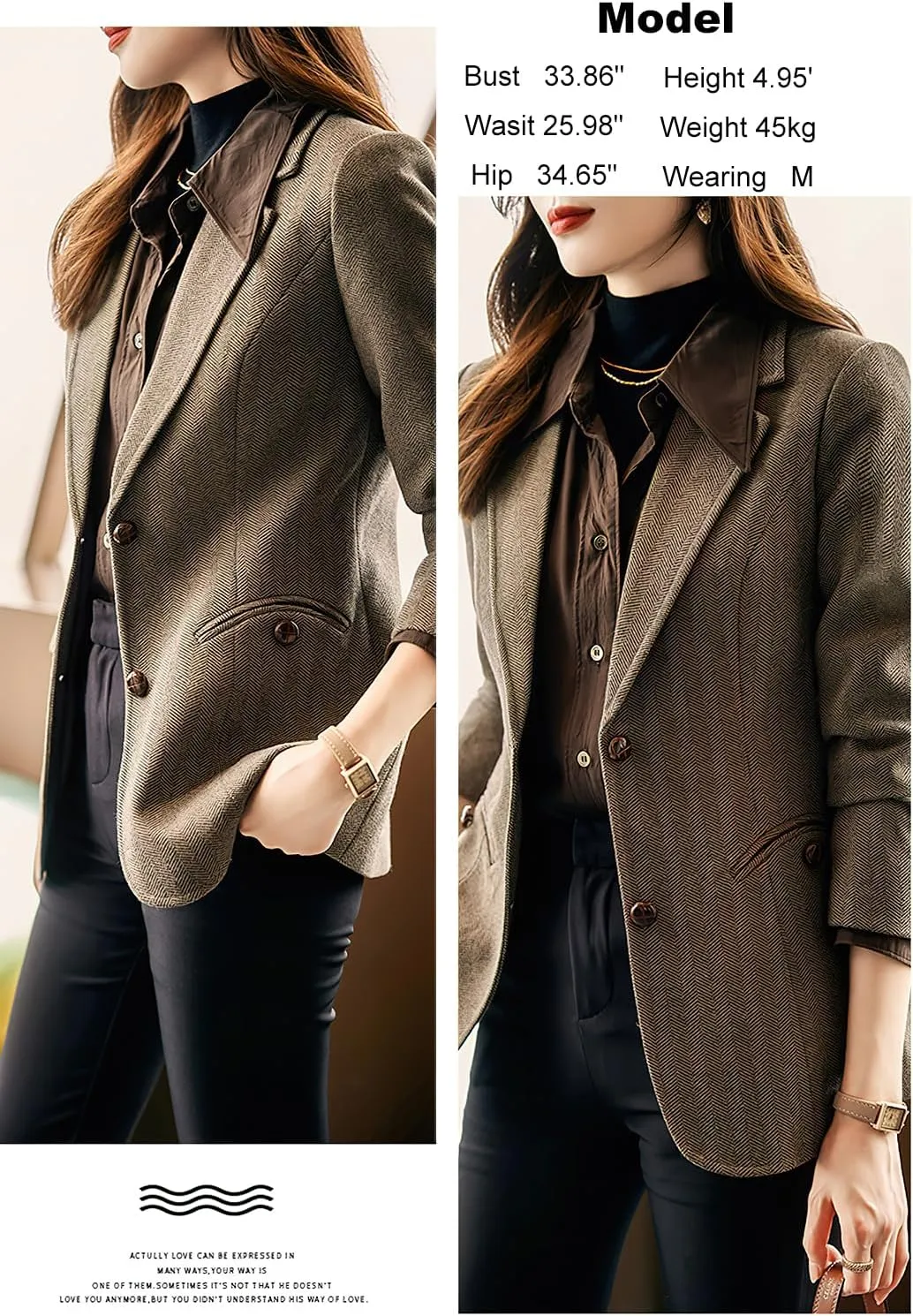 ebossy Women's Notched Lapel Plaid Herringbone Blazer Jacket Classic Single Breasted Slim Wool Blend Coat