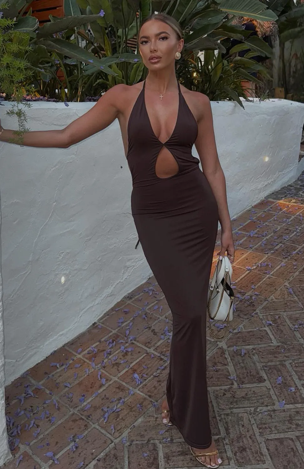 Sweat Absorbent Inner Layer Set It Straight Halter Maxi Dress Chocolate