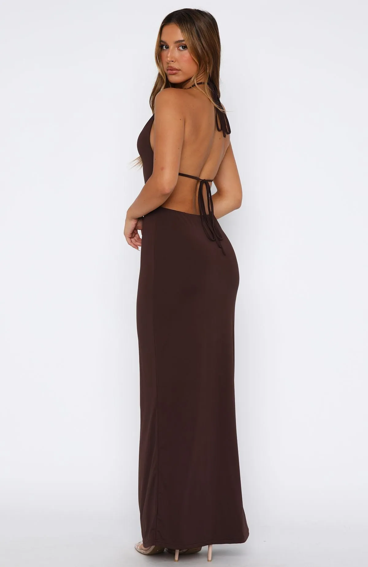 EthicallySourced Breathable Mesh Insert Set It Straight Halter Maxi Dress Chocolate