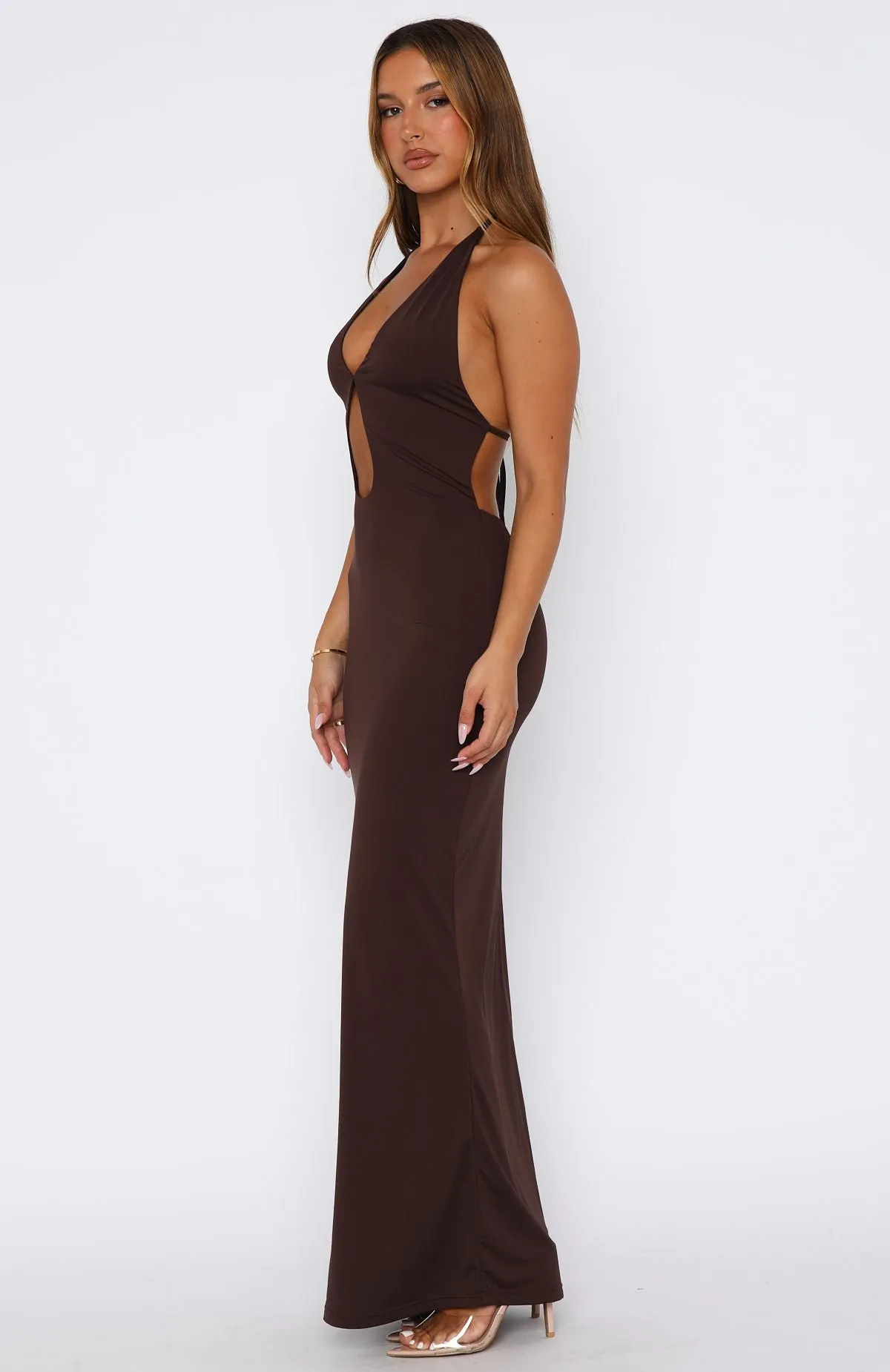 DoubleLayered Neckline Eco Friendly Blend Set It Straight Halter Maxi Dress Chocolate