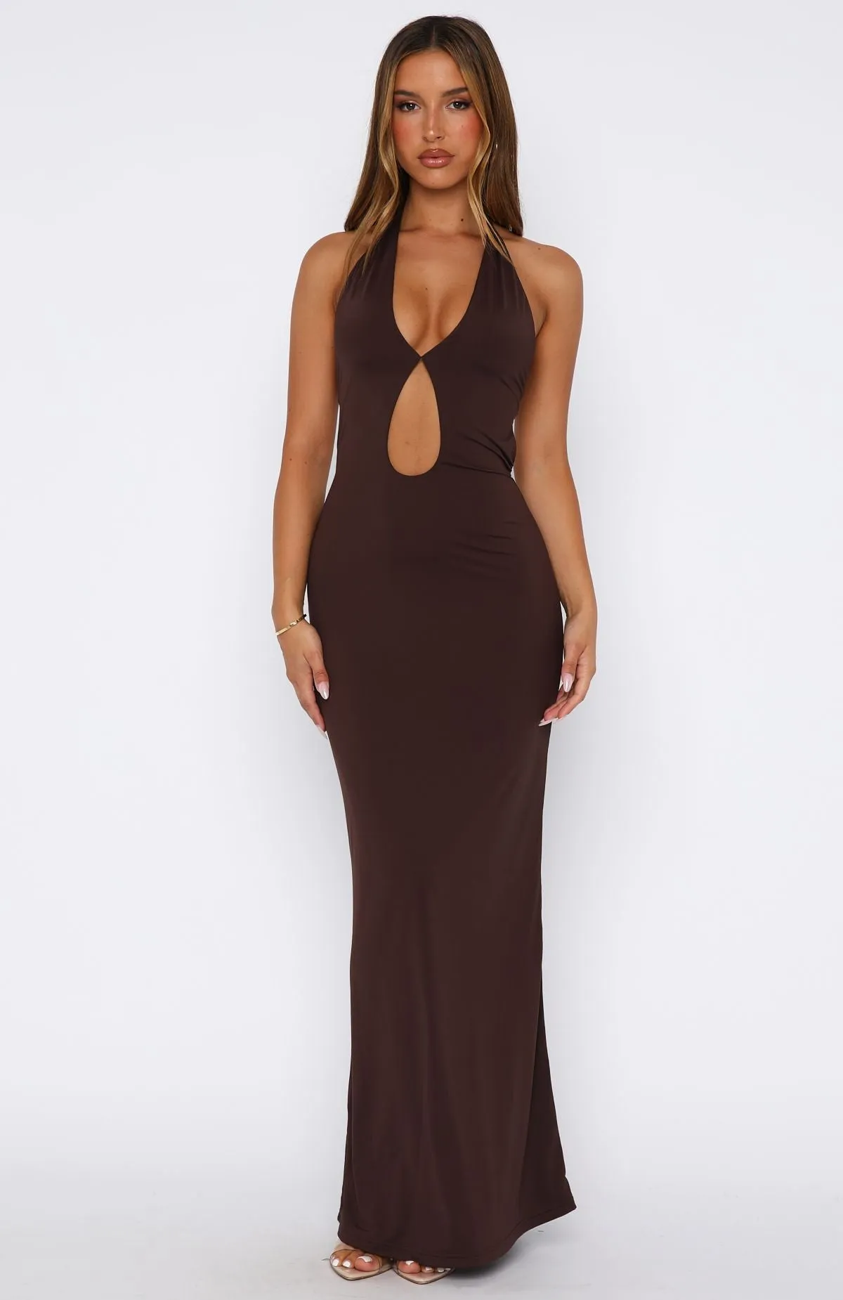CompactSize Set It Straight Halter Maxi Dress Chocolate