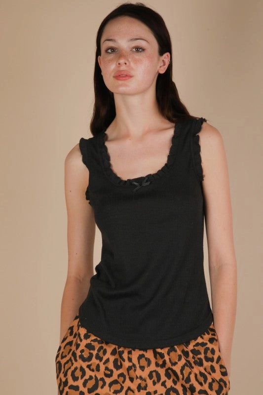 ContouredPanels DoubleLayeredFabric Jade Bow Trim Ruffled Knit Tank Top