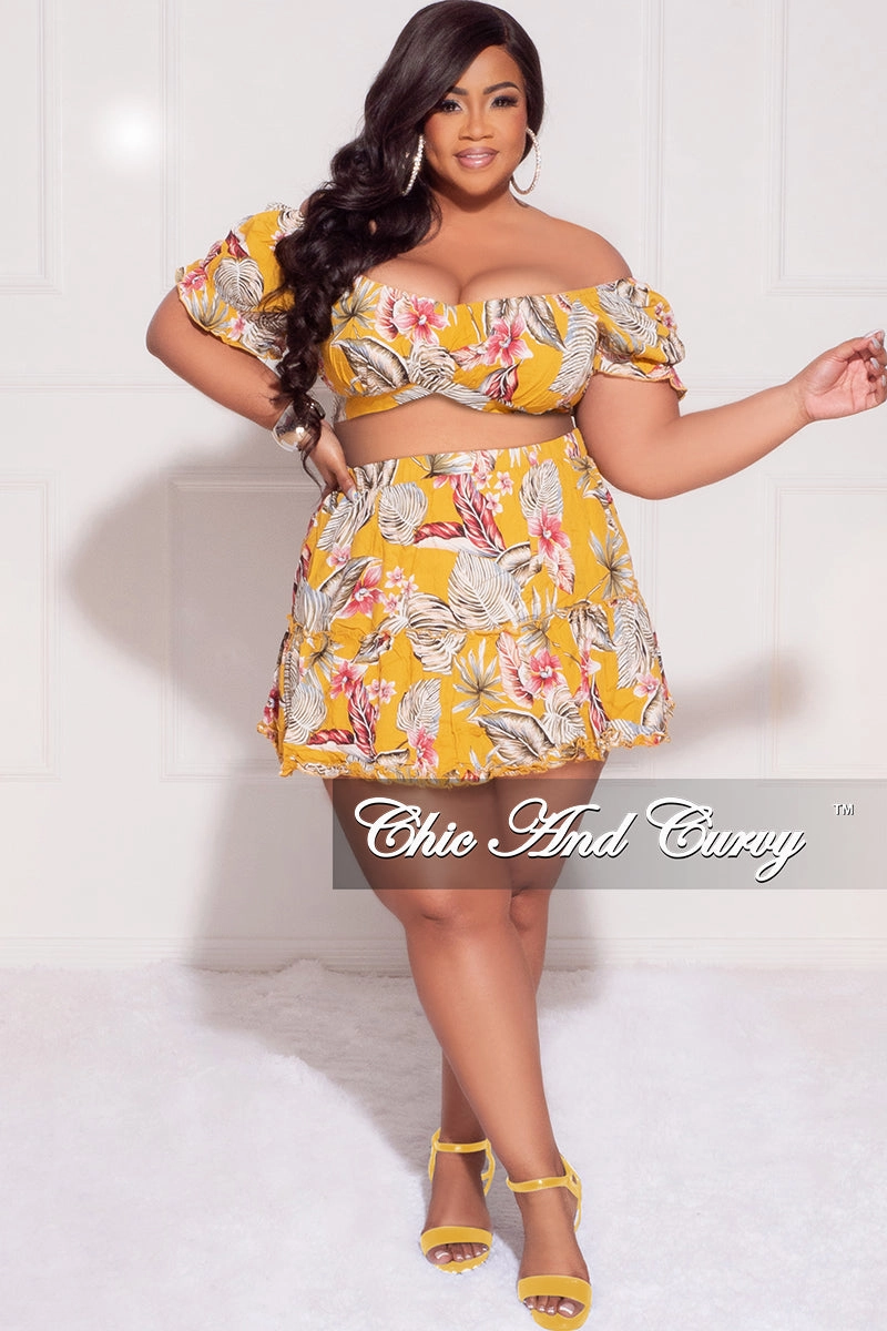 Final Sale Plus Size 2pc Off the Shoulder Crop Top and Skirt Set in Mustard Floral Print Sleek Waist
