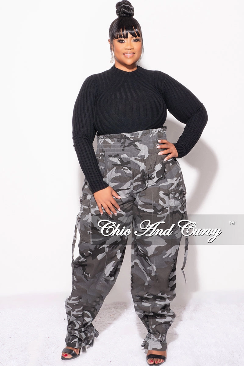 Eco Friendly Dyeing Move Freely Final Sale Plus Size Camo Paperbag Pants with Elastic Waist in Grey Camouflage