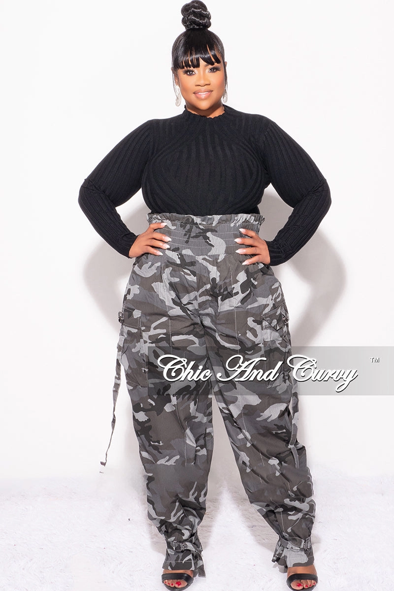 SecureClosureSystem Final Sale Plus Size Camo Paperbag Pants with Elastic Waist in Grey Camouflage