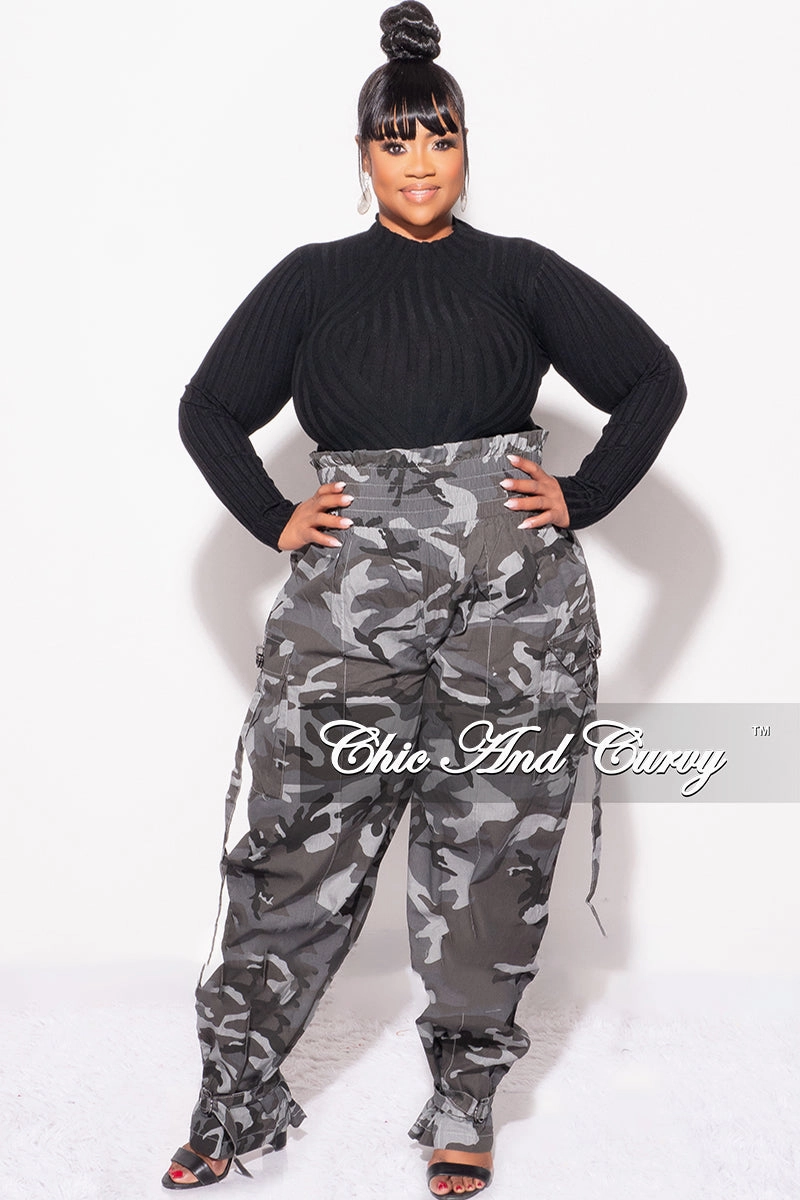 Timeless Style Final Sale Plus Size Camo Paperbag Pants with Elastic Waist in Grey Camouflage