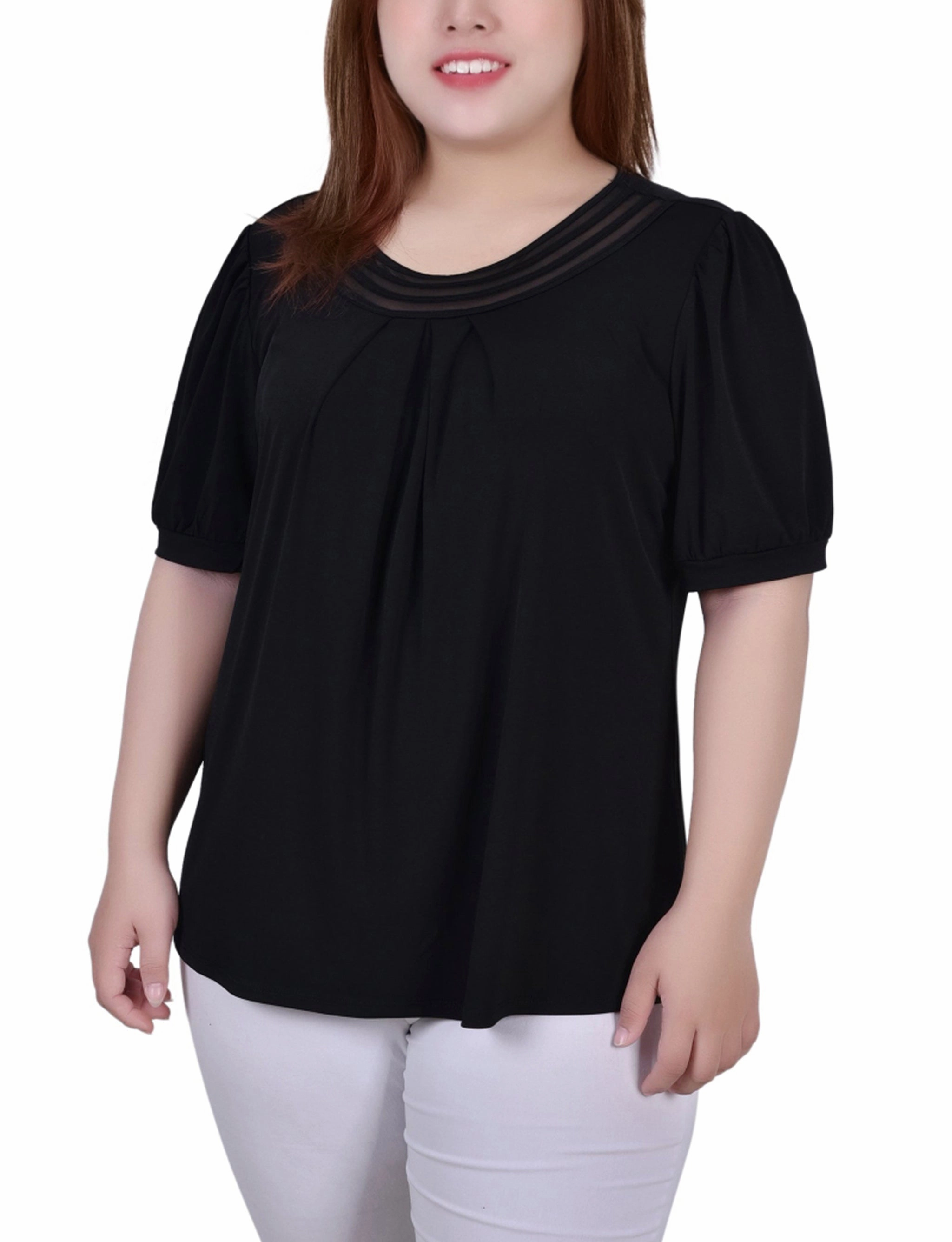 SnagResistant Temperature Regulating Textile Plus Size Short Puff Sleeve Sheer Inset Top