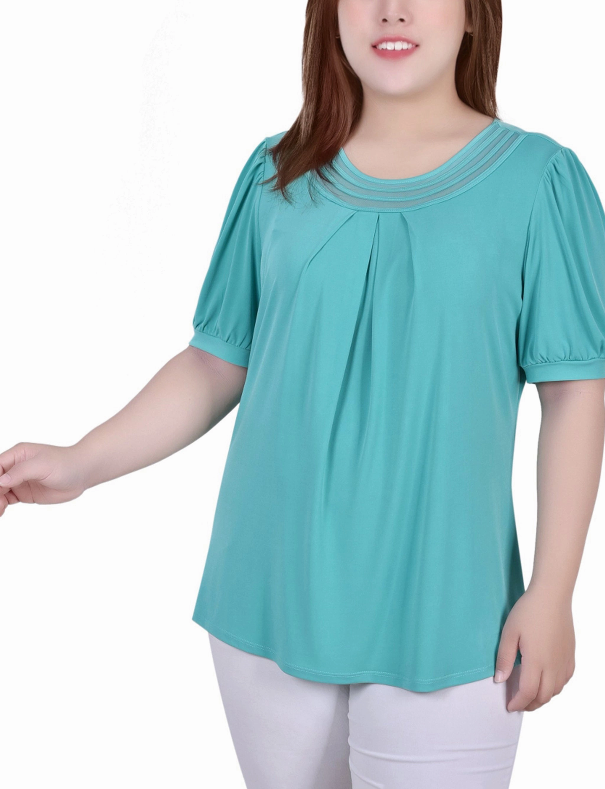 SleevelessOption NonFade Dye Plus Size Short Puff Sleeve Sheer Inset Top
