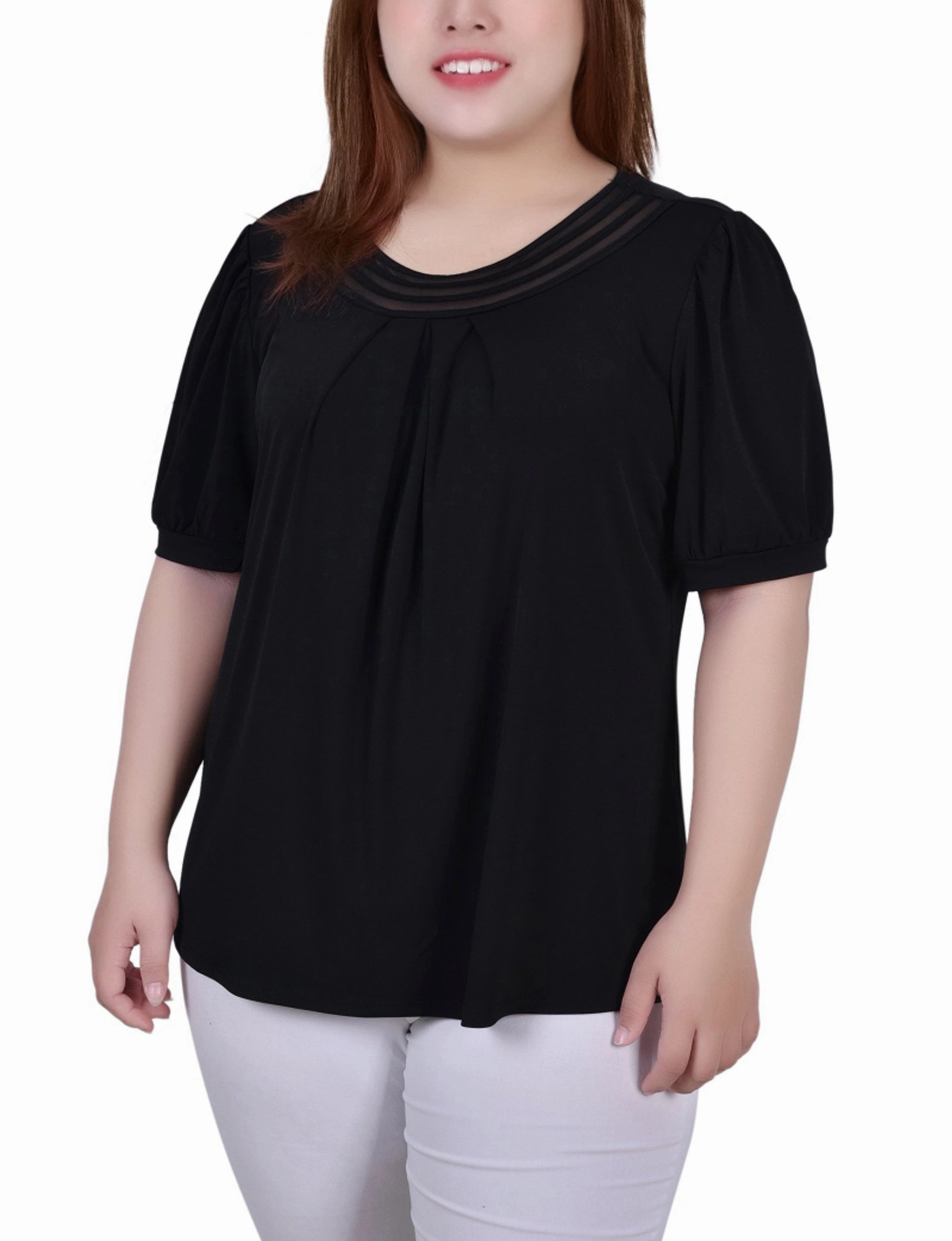 Plus Size Short Puff Sleeve Sheer Inset Top UltraSoft Lining TemperatureRegulating Material