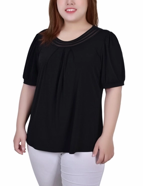 SnagResistant Temperature Regulating Textile Plus Size Short Puff Sleeve Sheer Inset Top
