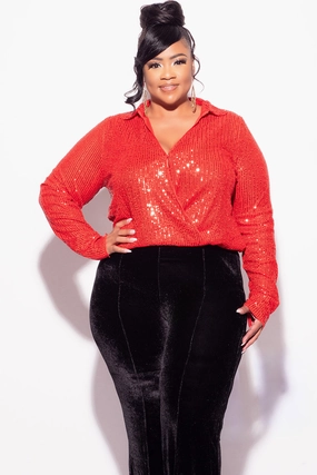 Final Sale Plus Size Long Sleeve Sequin Top Elastic At The Waist - Red Ultra Soft Blend Non Irritating Tags