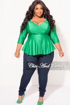 Durable Activewear Relaxed Wear Final Sale Plus Size Faux Wrap Shiny Peplum Top in Green