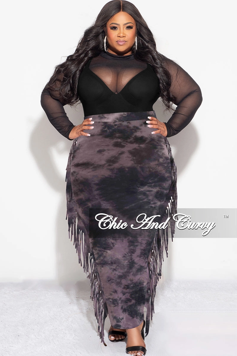 All Day Comfort Fit AbrasionGuardTape Final Sale Plus Size High Waist Fringe Trim Pencil Skirt in Black and Purple Tie Dye Print