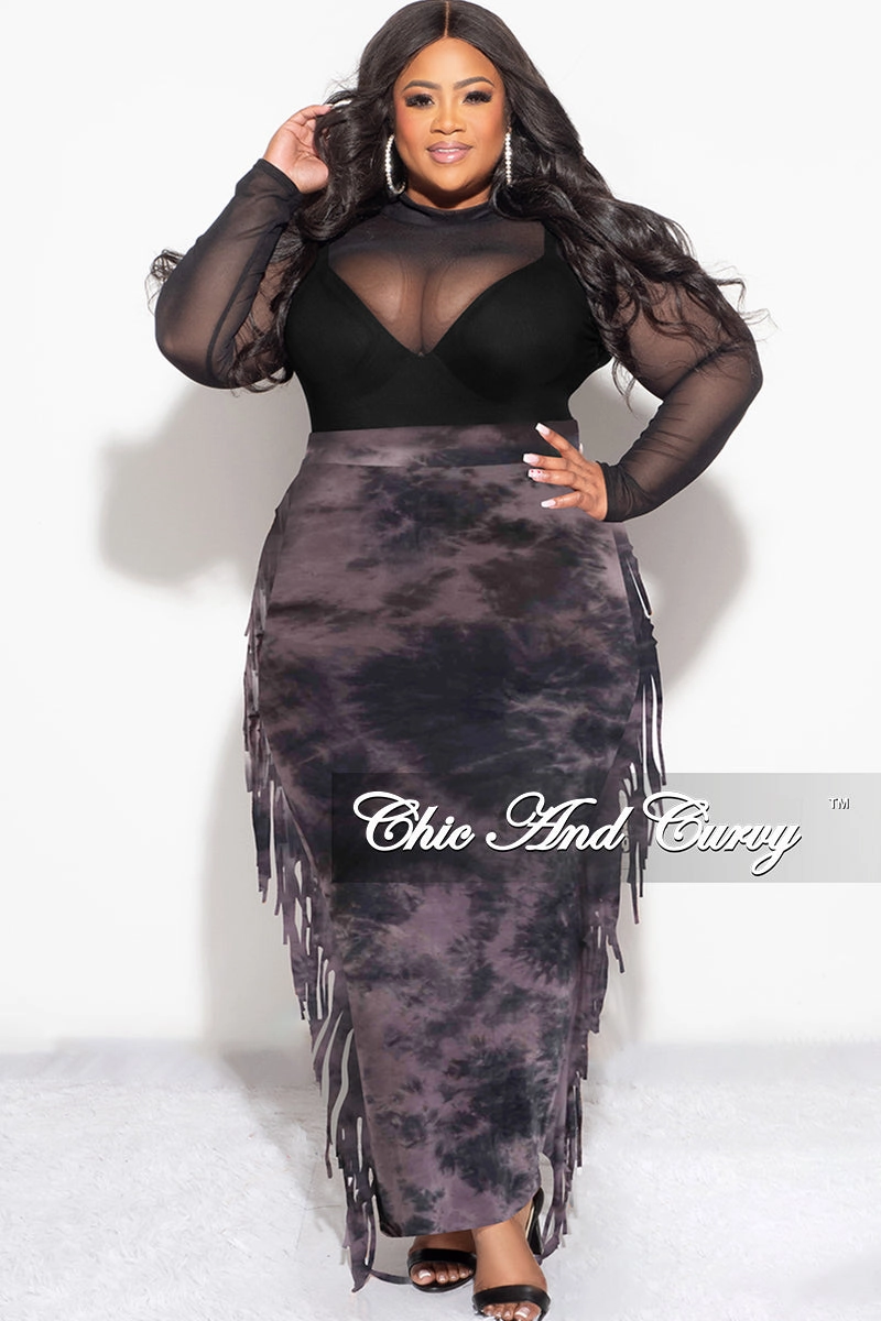 Final Sale Plus Size High Waist Fringe Trim Pencil Skirt in Black and Purple Tie Dye Print Water-resistant