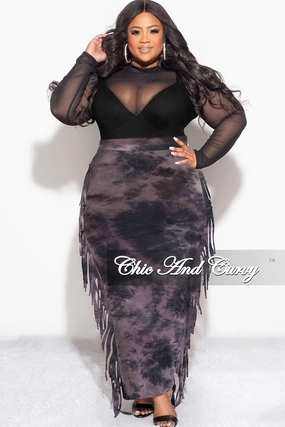 Final Sale Plus Size High Waist Fringe Trim Pencil Skirt in Black and Purple Tie Dye Print Water-resistant