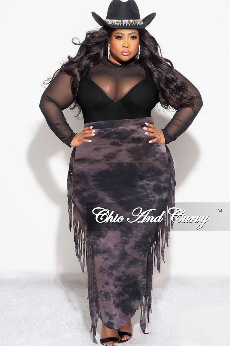 Durable Activewear Final Sale Plus Size High Waist Fringe Trim Pencil Skirt in Black and Purple Tie Dye Print