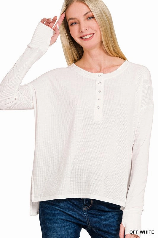 Cozy Fit Double Stitched Hem Wendy Waffle Thumb Hole Cuffs Henley Tee