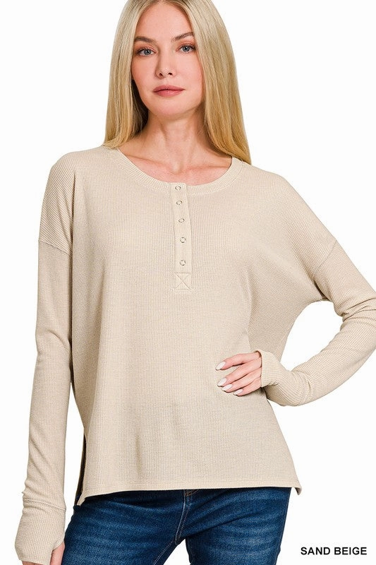 Wendy Waffle Thumb Hole Cuffs Henley Tee Fashion Blouse Basic Long Sleeve