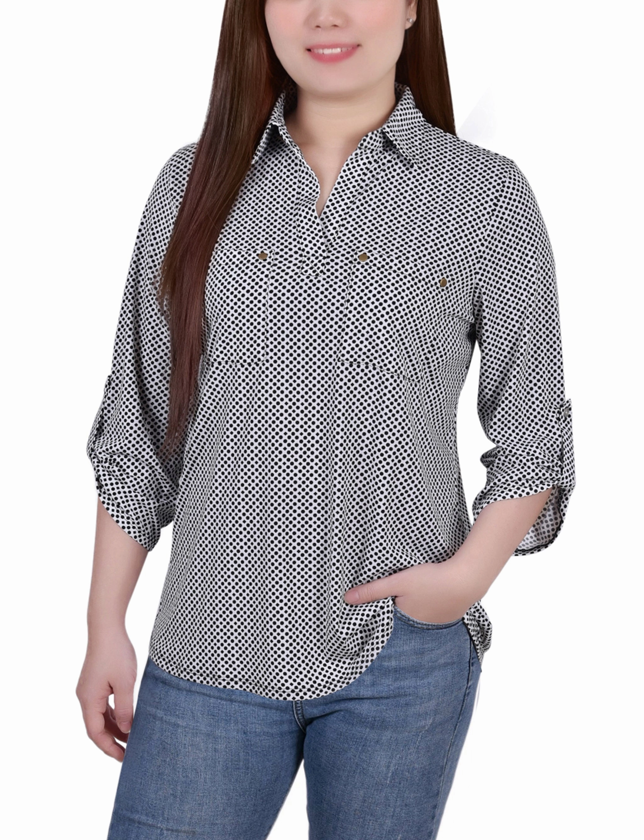 Curved Hemline 3/4 Roll Tab Sleeve Studded Y Neck Top