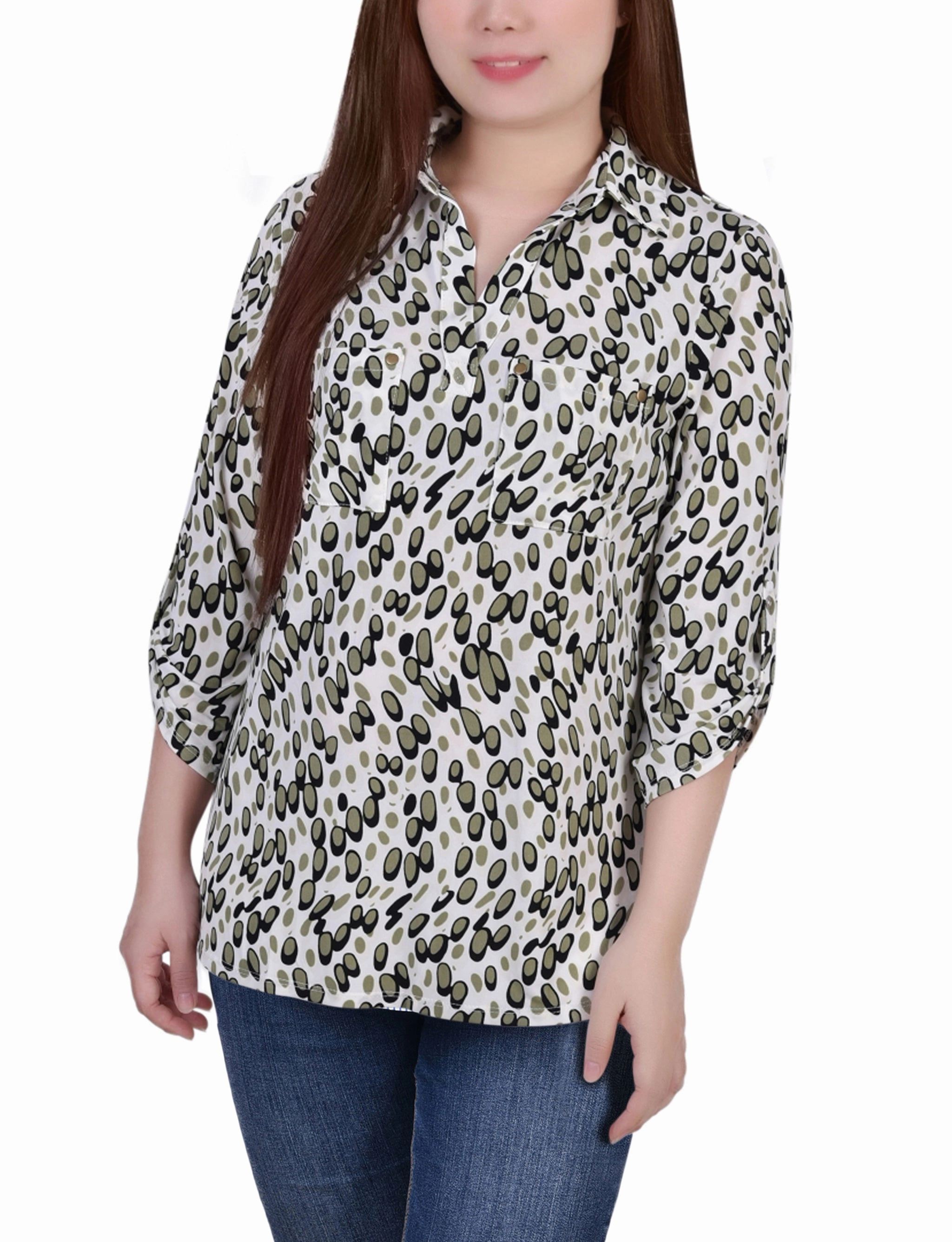 Basic Sweatshirt 3/4 Roll Tab Sleeve Studded Y Neck Top