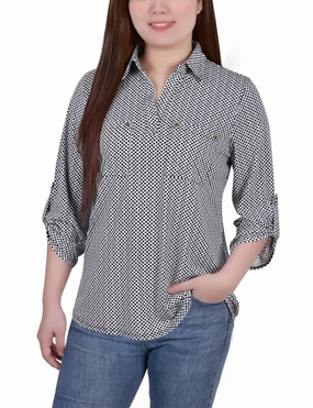 3/4 Roll Tab Sleeve Studded Y Neck Top ContrastStitching