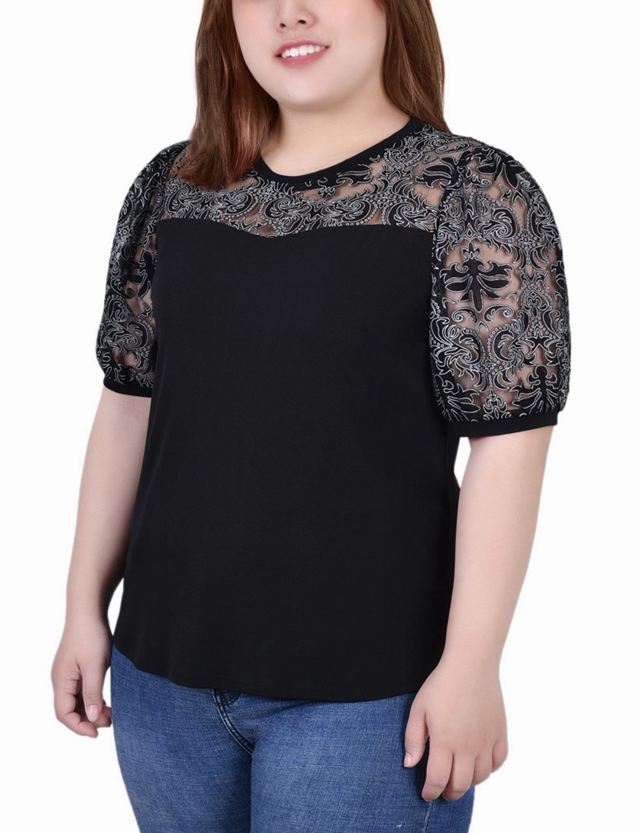Plus Size Puff Lace-Sleeve Top Anti Static Cloth Blend BondedSeamTechnology