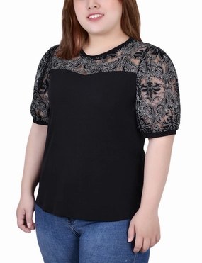 Plus Size Puff Lace-Sleeve Top Anti Static Cloth Blend BondedSeamTechnology