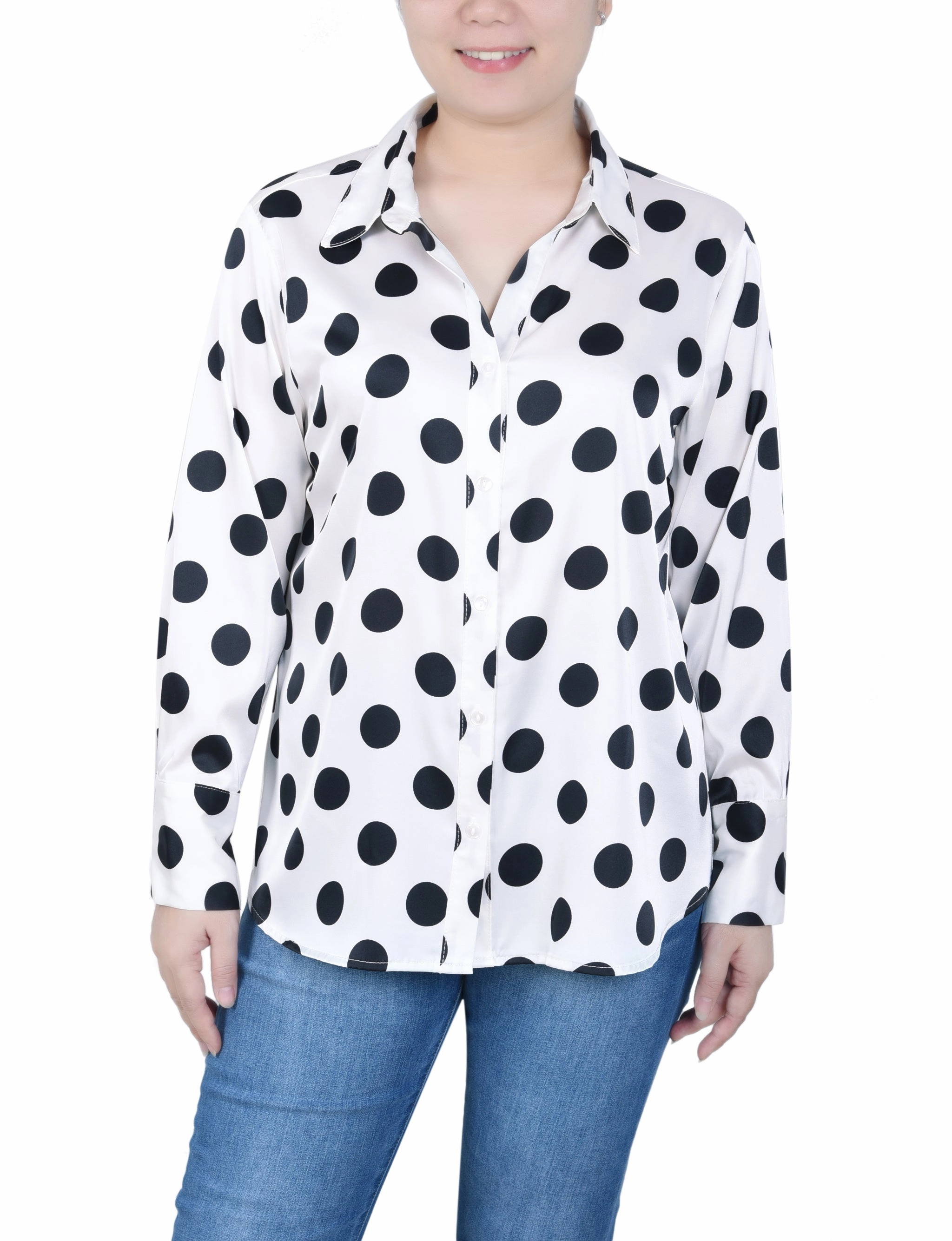 QuickDry High Durability Material Petite Long Sleeve Dotted Satin Blouse