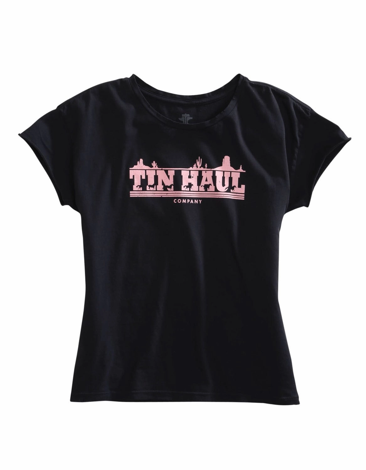 Tin Haul Womens Black 100% Cotton Pink Running Horses S/S T-Shirt Moisture Wicking Material Textured Finish